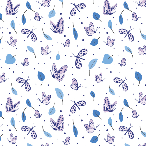 Illustration of seamless pattern design with happy butterflies, leafs and dots in light blue and lilac shades on pure white background.